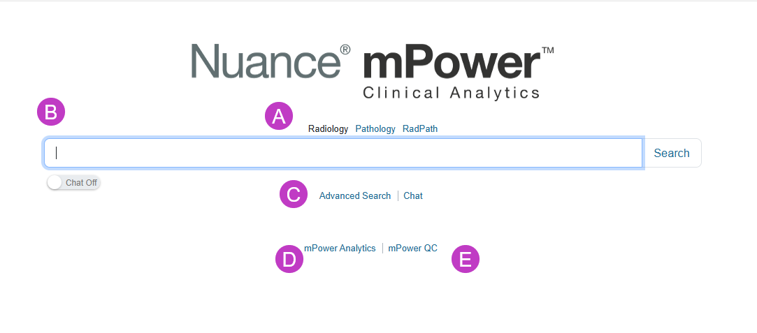 Screenshot of the mPower landing page with labeled search, analytics, and dashboard navigation options.