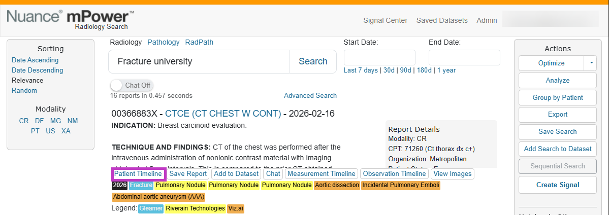 Screenshot of mPower search results showing the Patient Timeline button highlighted below a report.