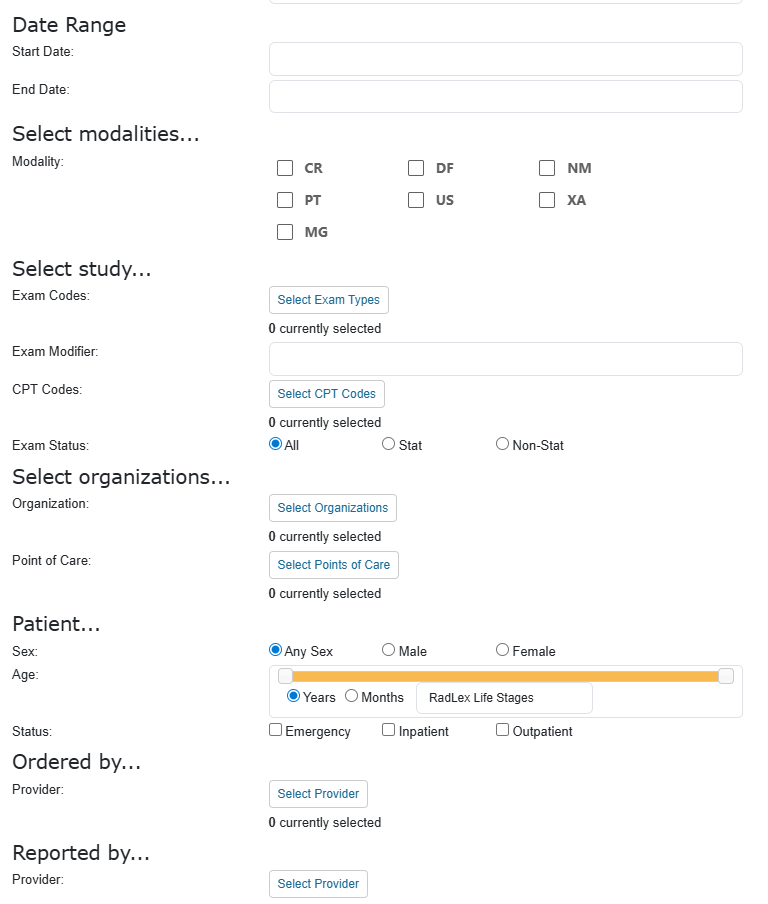 Screenshot of the precise filtering options panel with date range, modality, study, organization, and patient filters.