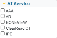 Screenshot of AI Service panel with checkboxes for AAA, AD, BONEVIEW, ClearRead CT, and IPE.