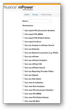 Screenshot of mPower Create Group page with Name field and Permissions checkboxes including Can view AI Validation.