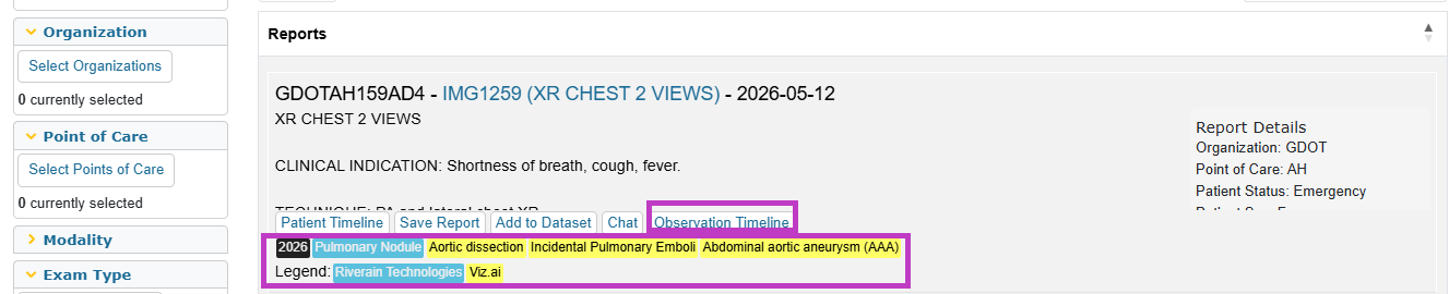 Screenshot of Reports panel with Observation Timeline button highlighted and AI observations legend showing Riverain Technologies and Viz.ai.