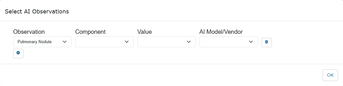 Screenshot of Select AI Observations panel with Observation set to Pulmonary Nodule and Component, Value, and AI Model/Vendor drop-down menus.