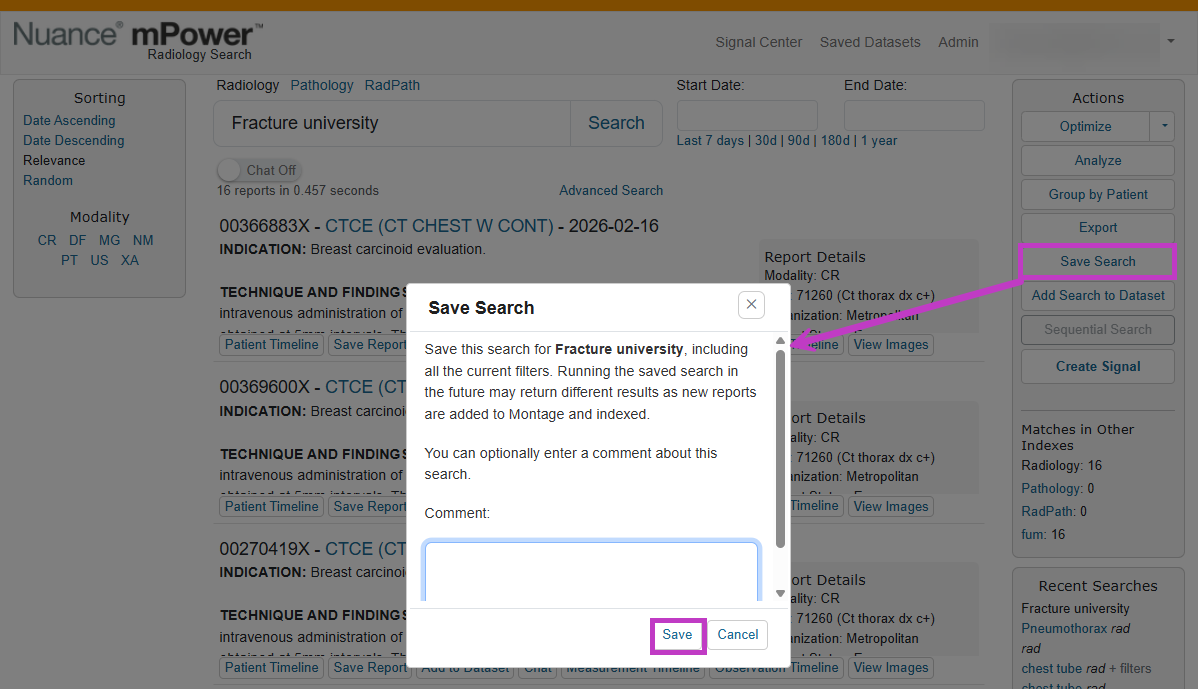 Screenshot of the Save Search dialog with the comment box and Save button highlighted.