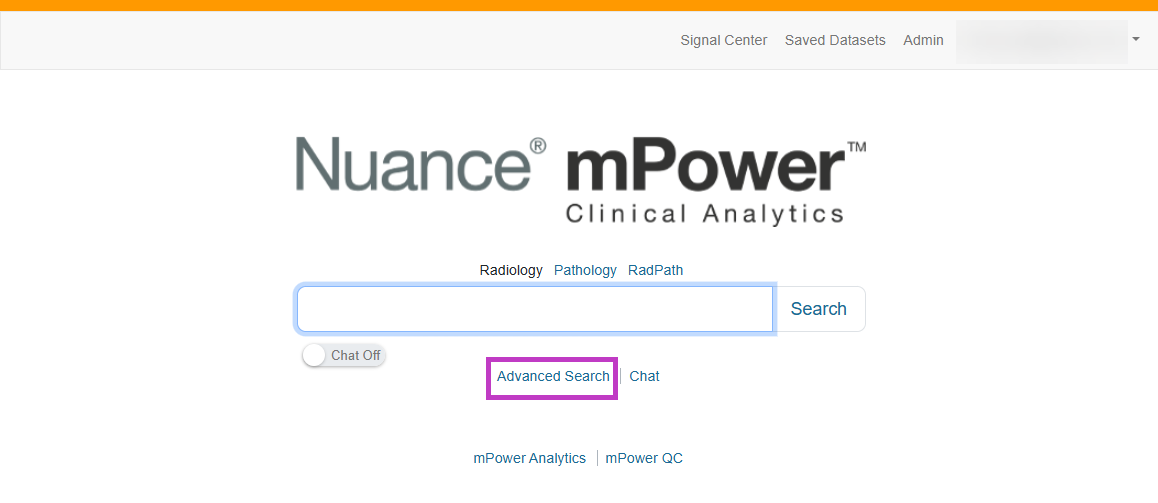 Screenshot of the mPower home page with the Advanced Search option highlighted below the Search box.