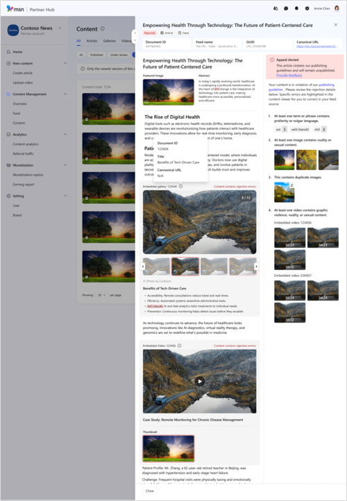 MSN Partner Hub content appeal denial