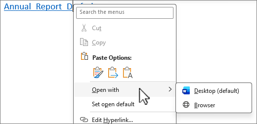 Select and hold or right click to view more options when opening a link to an Office file from Outlook or Teams