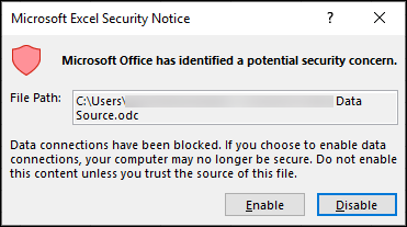 Microsoft Excel Security Notice - Indicates that Excel has identified a potential security concern. Choose enable if you trust the source file location, Disable if you dont.