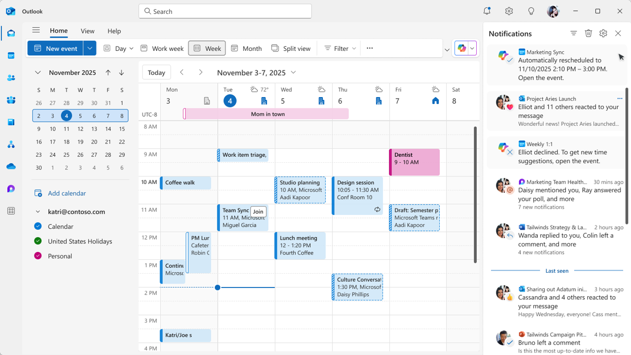 Copilot and other calendar activity in the Notifications pane.