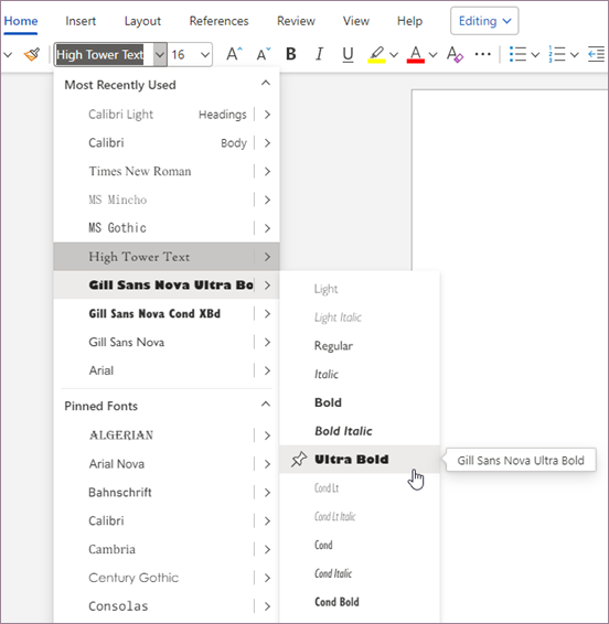 Selecting a font from a grouped family