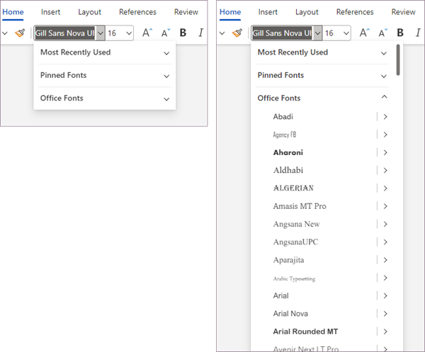 Font sections hidden and expanded