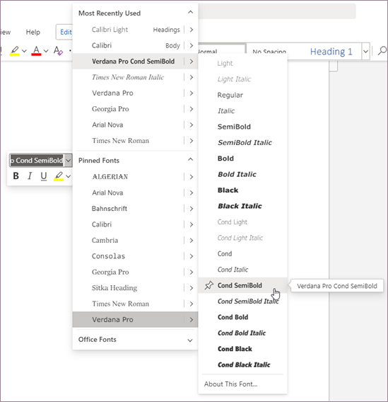 Select font from context menu