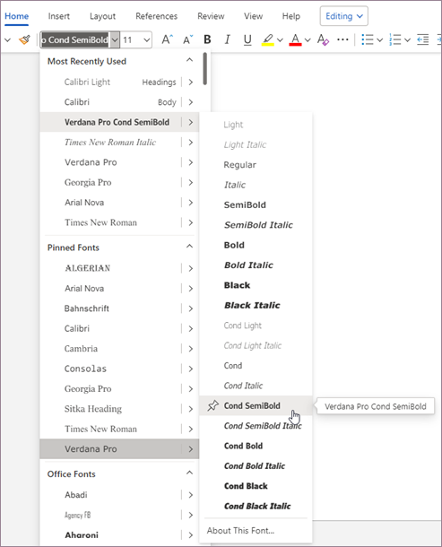 Select a font from the ribbon menu