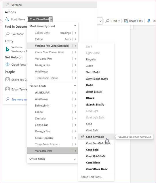 Select a font from Search or Tell Me