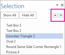 The Selection Pane showing all shapes, text boxes, WordArt and other objects in the document.