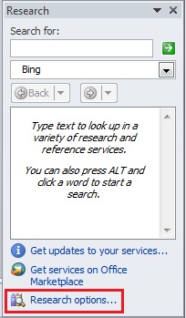 Screenshot of Research task pane with the Reseach options link near the bottom of the pane highlighted