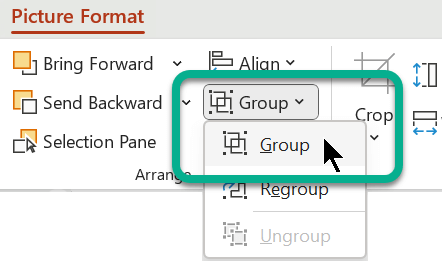 On the Picture Format tab, the grouping options are in the Arrange section.
