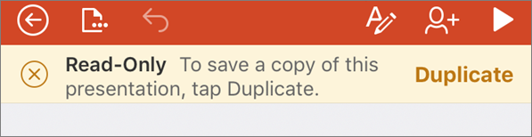 Shows the Read-Only notification after opening an ODF file in PowerPoint for iPhone