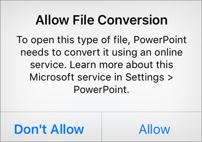 Shows the ODF privacy prompt in PowerPoint for iPhone