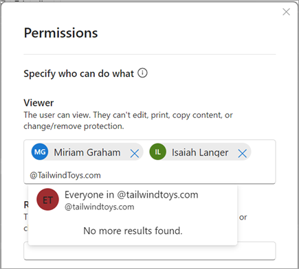 Screenshot of the Permissions dialog, where a user is specifying permissions for an entire domain.