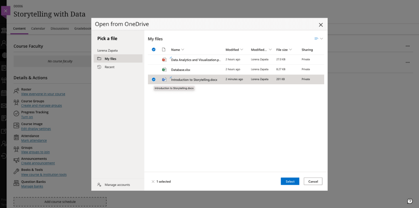 Screenshot of a Blackboard course adding files from OneDrive.