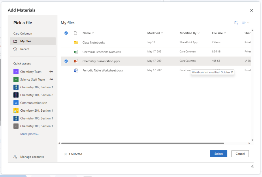 OneDrive File Picker open within the Brightspace assignment editor for selecting a document to attach