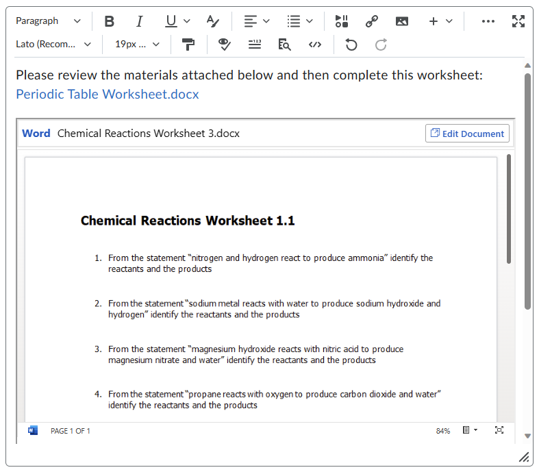 Brightspace content editor showing an embedded OneDrive document as a live preview