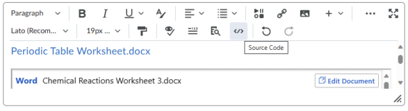 Brightspace Editor menu bar with the Source Code button highlighted