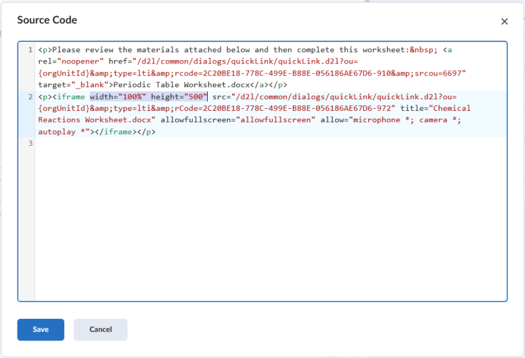 Brightspace HTML source code editor showing an iframe tag with width and height properties for an embedded OneDrive document