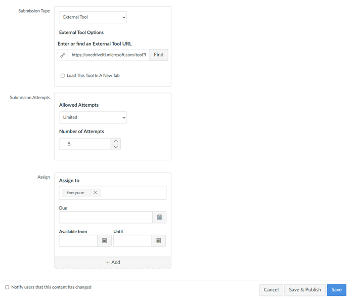 Fields for Submission types, Submission attempts, and Assign