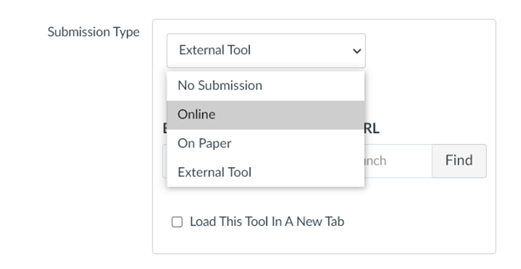 Submission type dropdown with Online highlighted