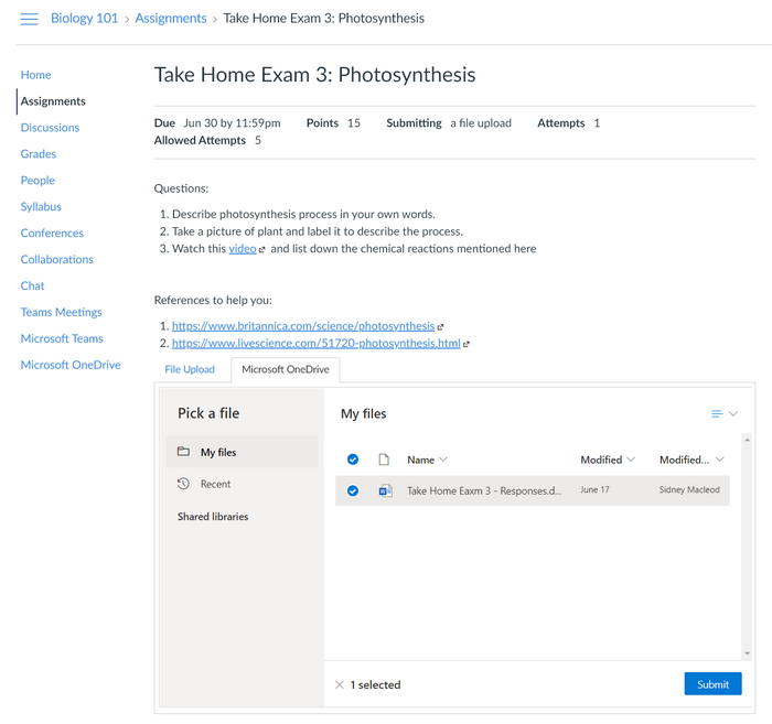 Assignments tab for Pick a file with OneDrive tab highlighted