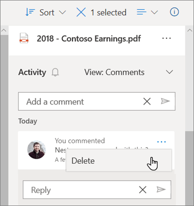 The OneDrive Details pane, showing comments left on a shared file and the Delete option selected for a comment