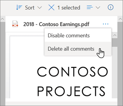 The OneDrive Details pane, with the Delete all comments option selected from the dropdown menu