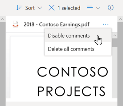The OneDrive Details pane, with the Disable comments option selected in the dropdown menu