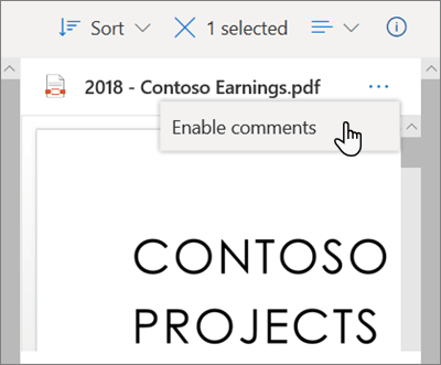 The OneDrive Details pane, with the Enable comments option selected in the dropdown menu