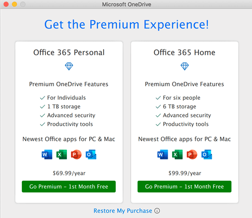 Screen shot of OneDrive Get the Premium Experience dialog box
