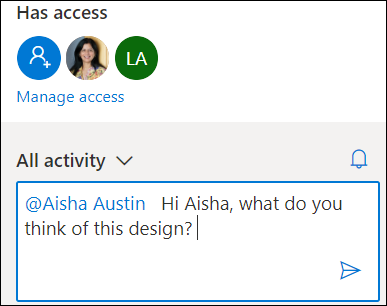 Activity card in OneDrive showing the @mention feature.
