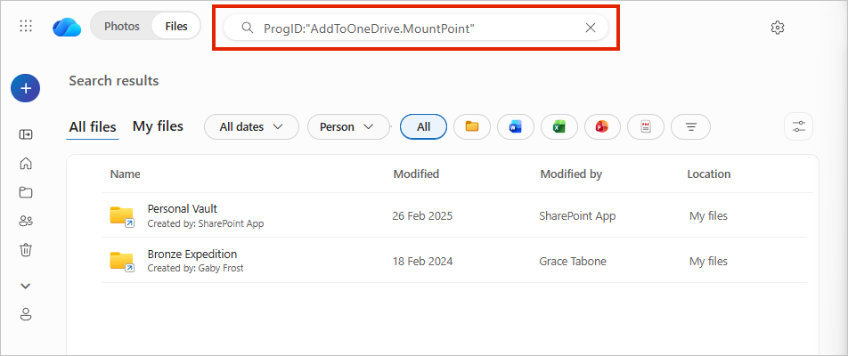 OneDrive search for ProgID: AddToOneDrive.MountPoint, showing two folder shortcut results and a Location column.