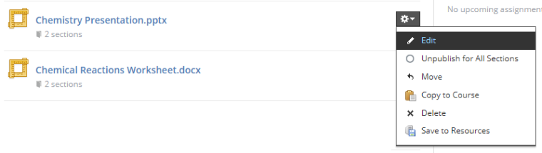 Schoology Course Materials list with the gear icon dropdown open showing options to edit item title and assignment properties