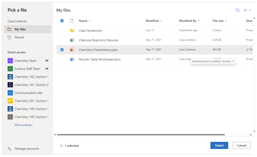 OneDrive File Picker open in Schoology for choosing a file to embed in course materials