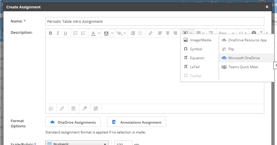 Insert a OneDrive link or embedded document into a Schoology Rich Text Editor.
