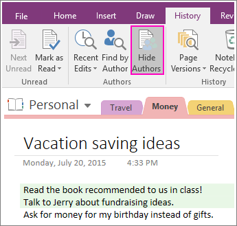 Screenshot of the Hide Authors button in OneNote 2016.