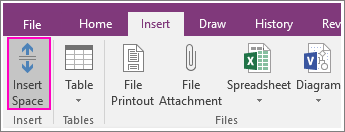 Screenshot of the Insert Space button in OneNote 2016.