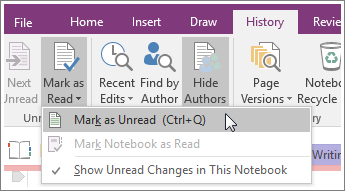Screenshot of the Mark as Read button in OneNote 2016.