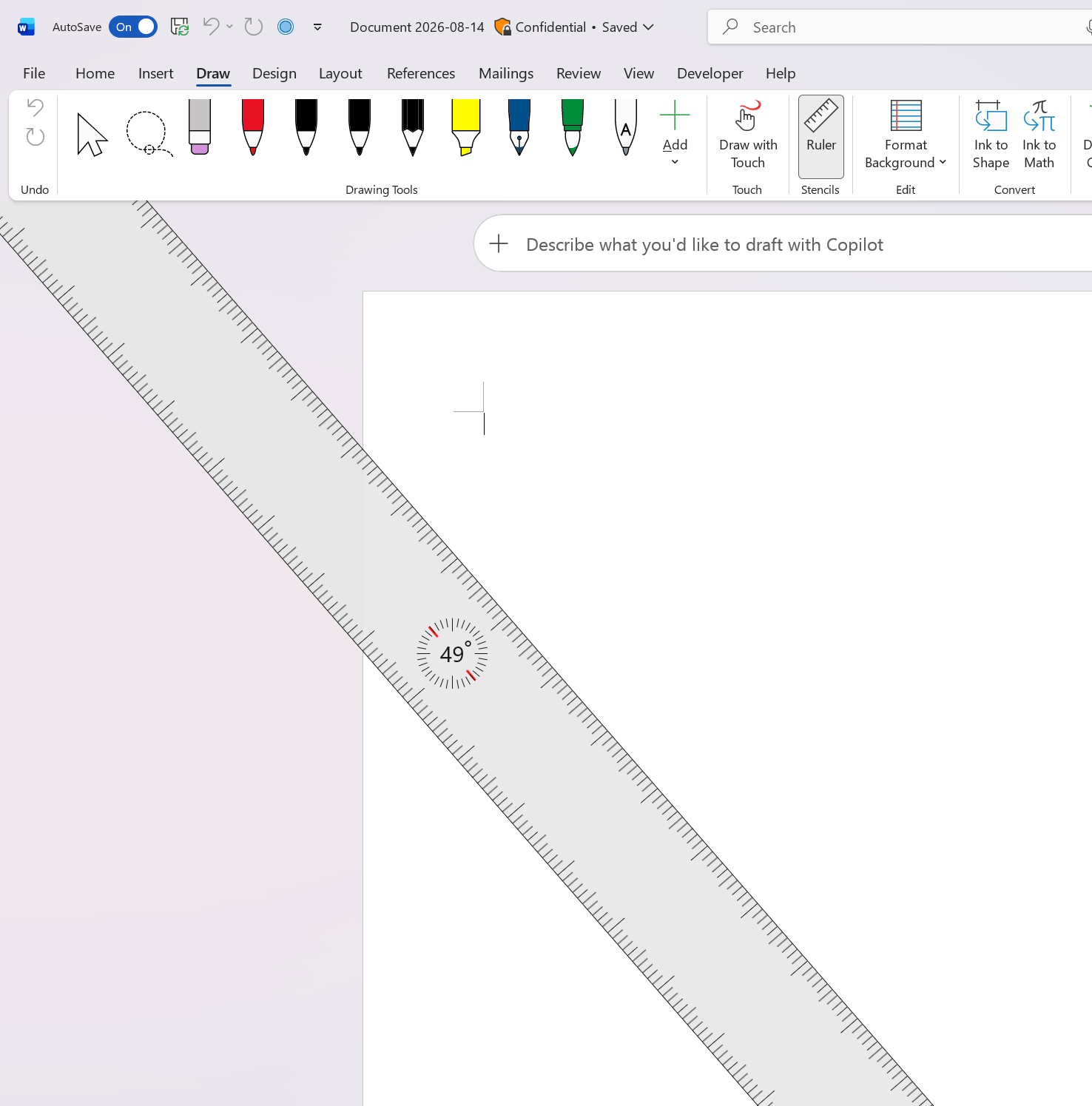 Screenshot of Draw tab ruler in Word rotated at a 49 degree angle.