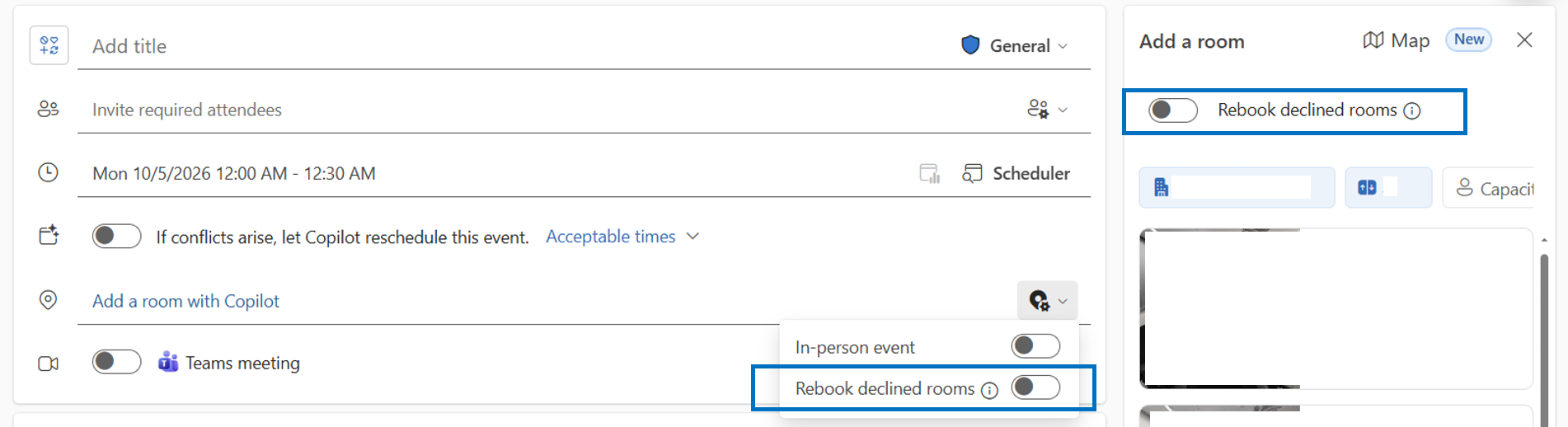 Rebook declined rooms toggle in the event form and room selection experience.