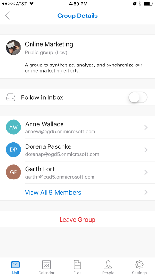 Shows the Group Details page, with the Follow in Inbox toggle near the top.