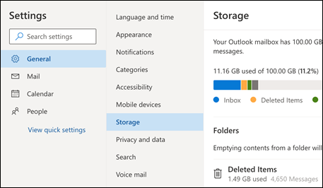 Folder storage menu for Outlook Web App.