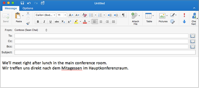 English sentence and German sentence with misspelled word in German. Misspelling has red line under it.